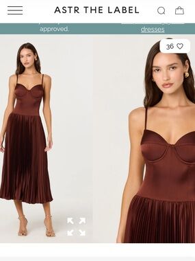 Astr Brown Satin Pleated Midi Dress